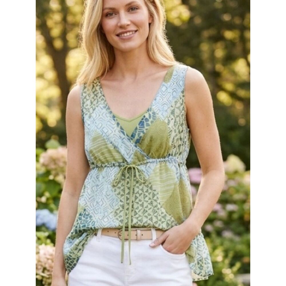 2 Piece Sheer sleeveless green/blue Patterned Women's Top with tie waist.sz LG